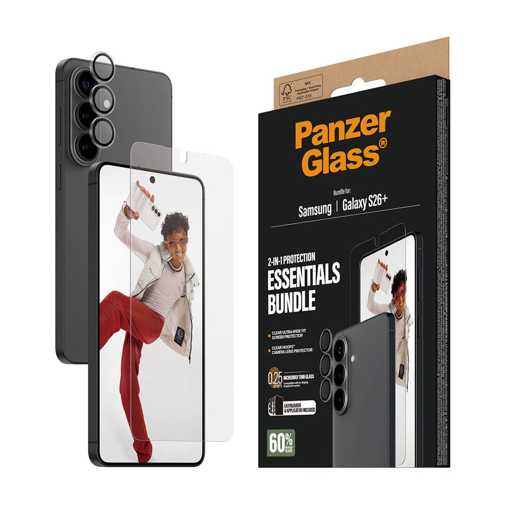Samsung Galaxy S26+ (Plus) PanzerGlass Hoops 2-in-1 Bundle med EasyAligner / Skjermbeskyttelse (UWF) / Hoops Kamerabeskyttelse - Gjennomsiktig
