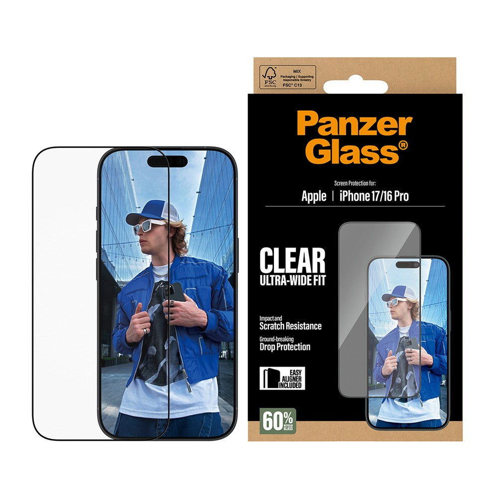 PanzerGlass iPhone 17 / 16 Pro Skjermbeskytterglass med EasyAligner - Ultra Wide Fit - Gjennomsiktig