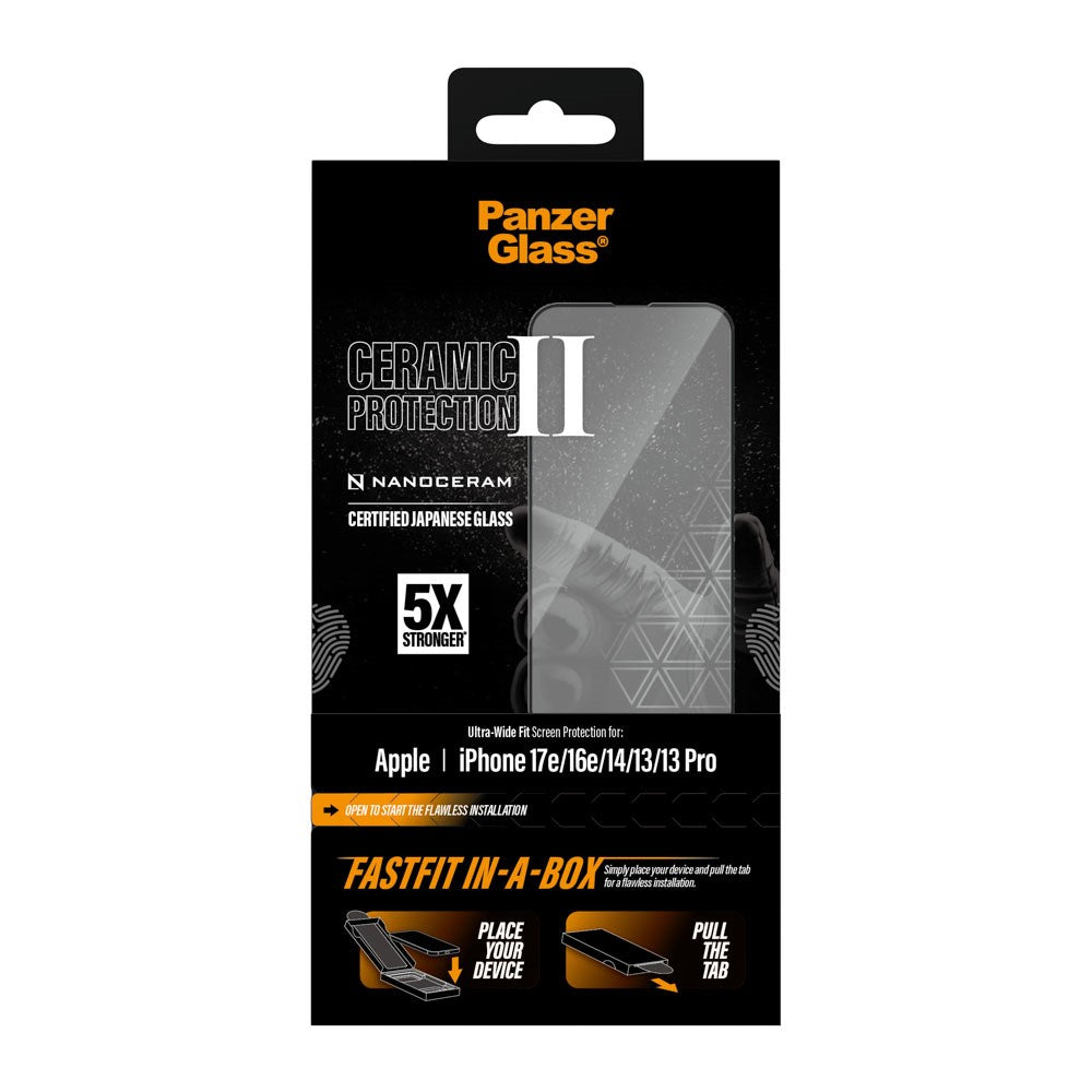 iPhone 17e / 16e / 14 / 13 / 13 Pro PanzerGlass Ceramic Ultra-Wide Fit Skjermbeskyttelsesglass – FastFit In-A-Box – Gjennomsiktig