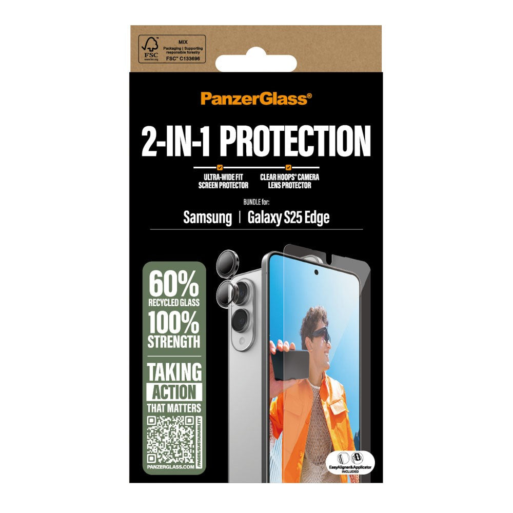 Samsung Galaxy S25 Edge PanzerGlass 2-i-1 Bundle m. EasyAligner - Skjermbeskyttelse (UWF) / Kamerabeskyttelse - Gjennomsiktig / Svart