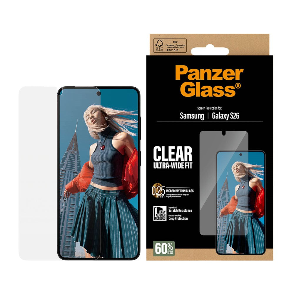 Samsung Galaxy S26 PanzerGlass Skjermbeskyttelsesglass m. EasyAligner - Ultra Wide Fit - Gjennomsiktig