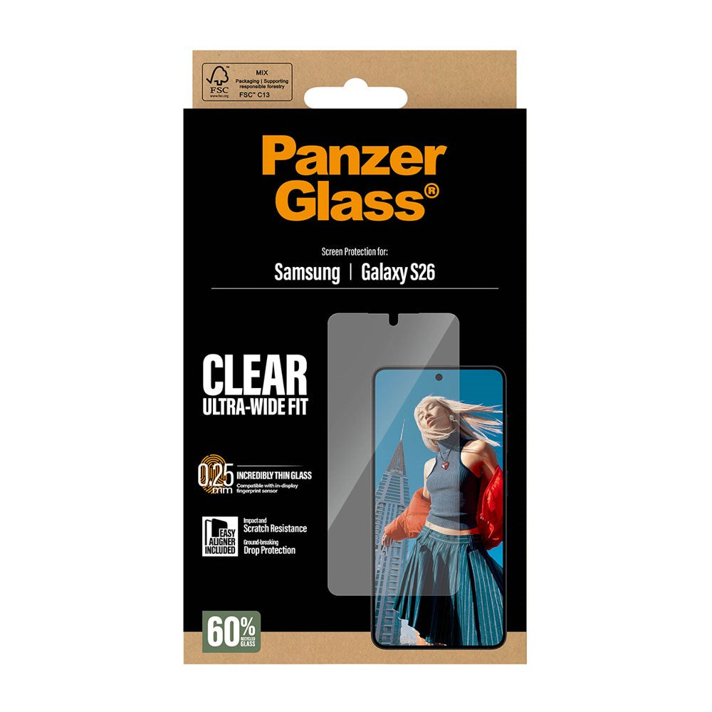 Samsung Galaxy S26 PanzerGlass Skjermbeskyttelsesglass m. EasyAligner - Ultra Wide Fit - Gjennomsiktig