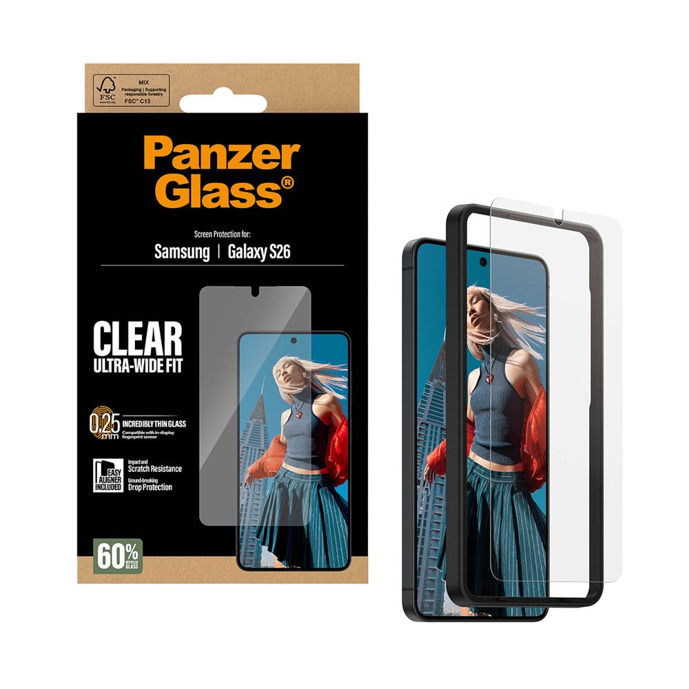 Samsung Galaxy S26 PanzerGlass Skjermbeskyttelsesglass m. EasyAligner - Ultra Wide Fit - Gjennomsiktig