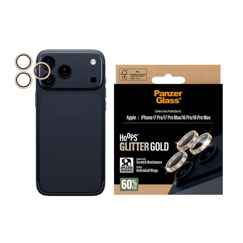 PanzerGlass iPhone 17 Pro / 17 Pro Max / 16 Pro / 16 Pro Max Hoops Kameralinsebeskyttelse med Installasjonsramme - Glitter Gull
