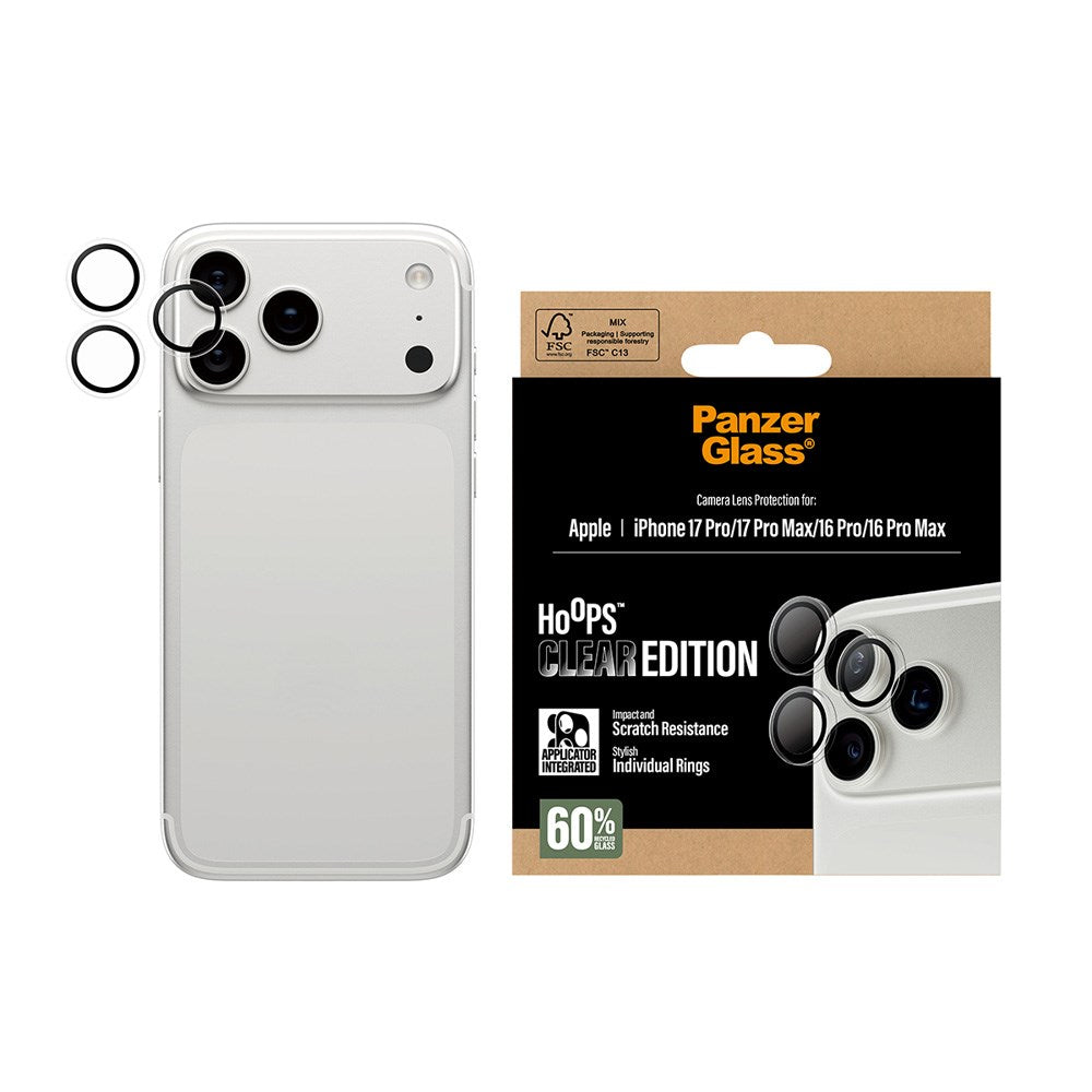 PanzerGlass iPhone 17 Pro / 17 Pro Max / 16 Pro / 16 Pro Max Hoops Kameralinsebeskyttelse med Installasjonsramme - Gjennomsiktig
