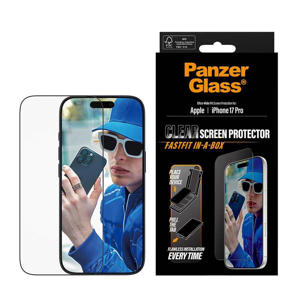 PanzerGlass iPhone 17 Pro Skjermbeskytterglass med FastFit In-A-Box - Ultra Wide Fit - Gjennomsiktig