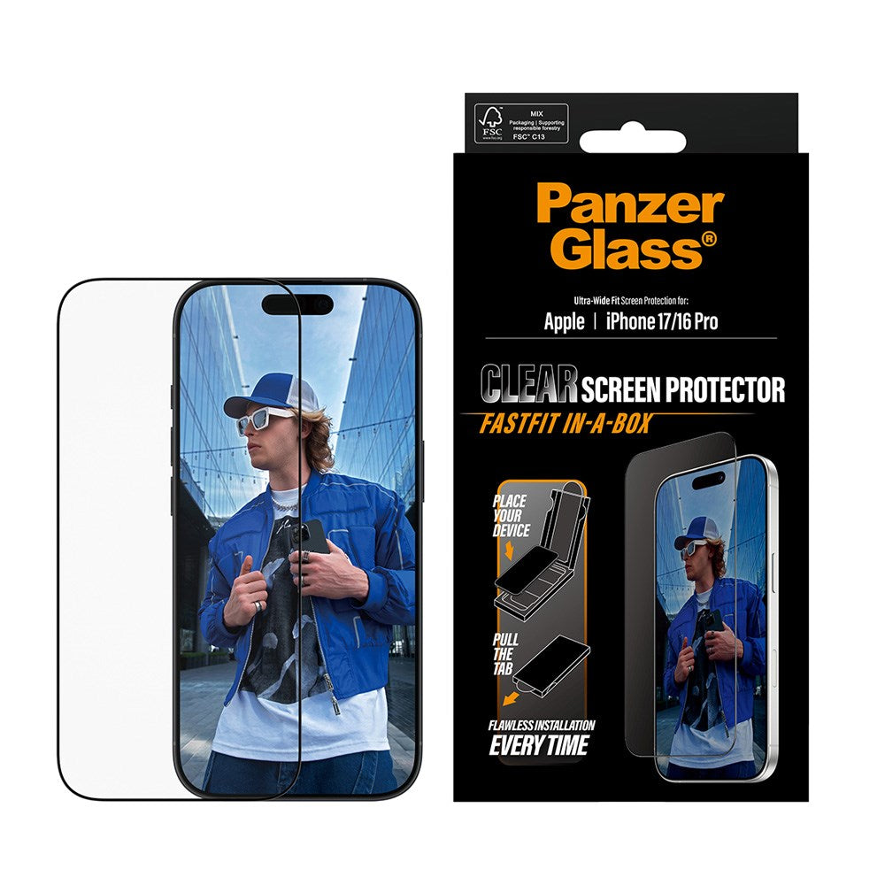 PanzerGlass iPhone 17 / 16 Pro Skjermbeskytterglass med FastFit In-A-Box - Ultra Wide Fit - Gjennomsiktig