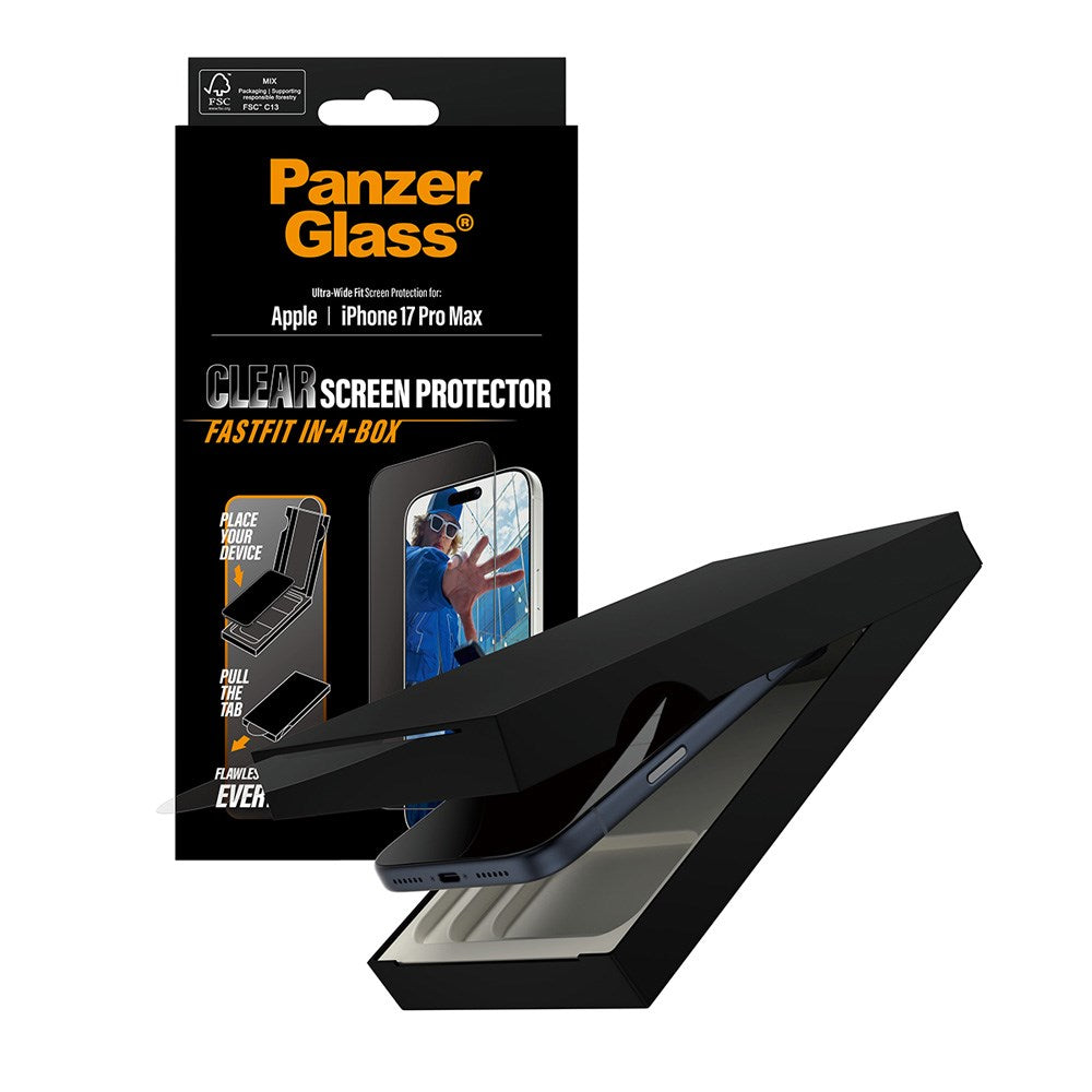 PanzerGlass iPhone 17 Pro Max Skjermbeskytterglass med FastFit In-A-Box - Ultra Wide Fit - Gjennomsiktig