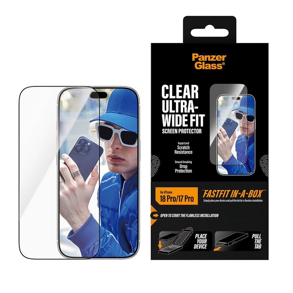 iPhone 18 Pro / 17 Pro PanzerGlass Skjermbeskyttelsesglass m. FastFit In-A-Box - Ultra Wide Fit - Gjennomsiktig