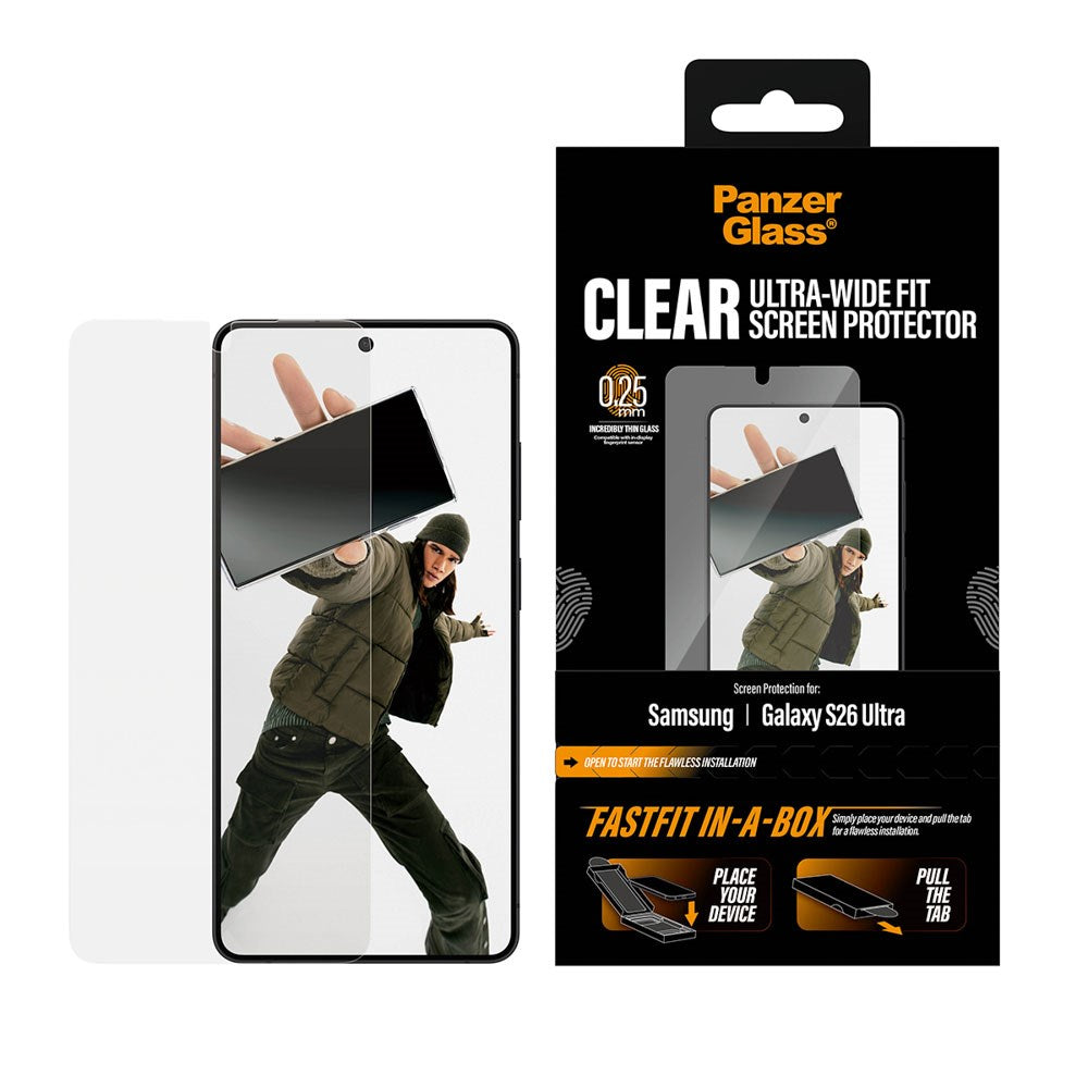 Samsung Galaxy S26 Ultra PanzerGlass Skjermbeskyttelsesglass m. FastFit In-A-Box - Ultra Wide Fit - Gjennomsiktig