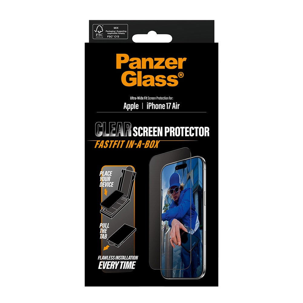 PanzerGlass iPhone Air Skjermbeskytterglass med FastFit In-A-Box - Ultra Wide Fit - Gjennomsiktig