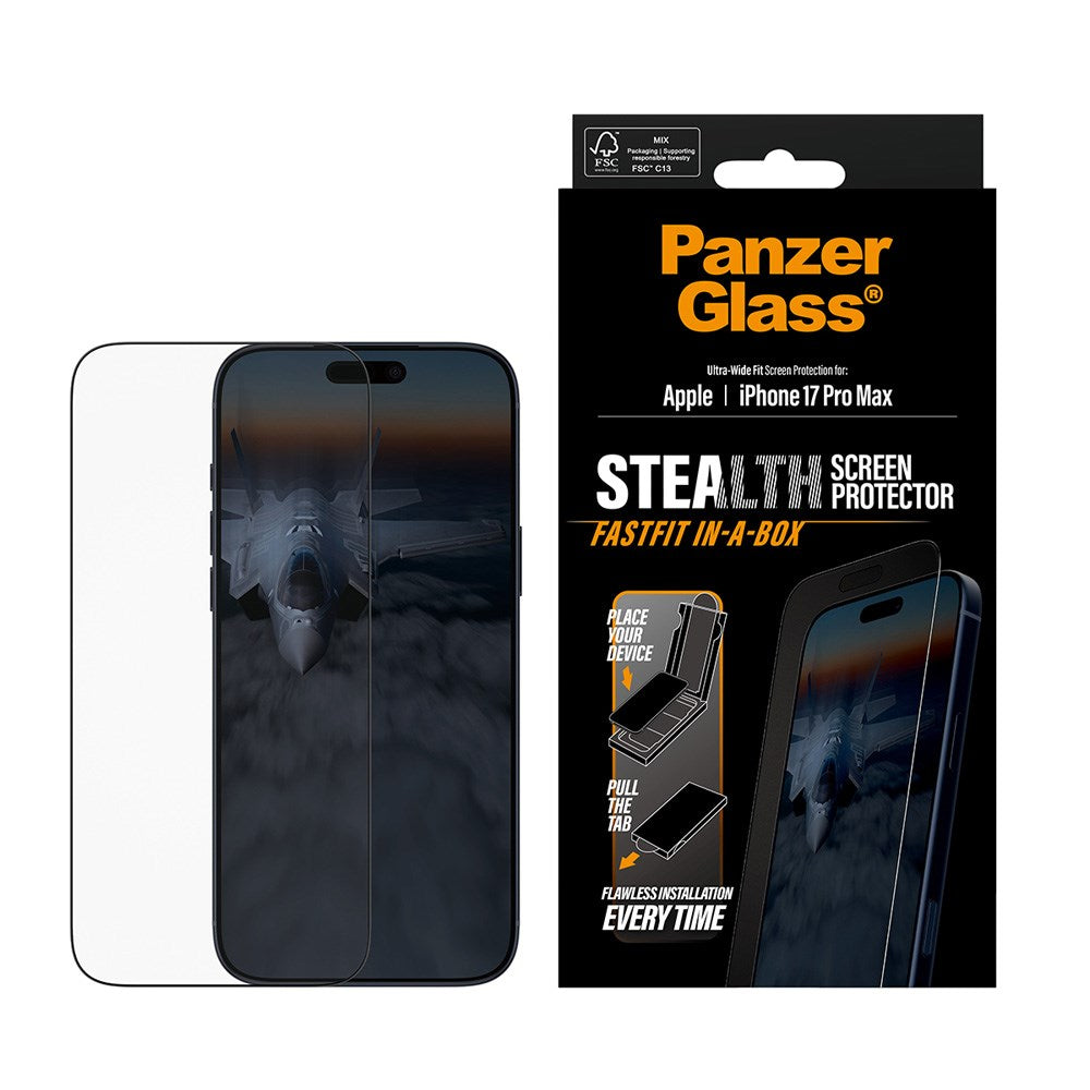 PanzerGlass iPhone 17 Pro Max Stealth Skjermbeskyttelse - Ultra-Wide Fit - Gjennomsiktig / Svart Kant