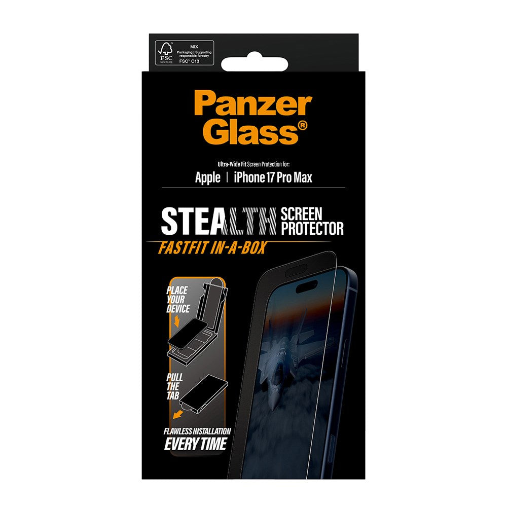 PanzerGlass iPhone 17 Pro Max Stealth Skjermbeskyttelse - Ultra-Wide Fit - Gjennomsiktig / Svart Kant
