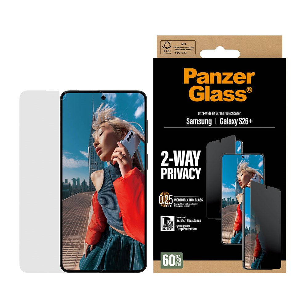 Samsung Galaxy S26+ (Plus) PanzerGlass 2-Way Privacy Skjermbeskyttelse med EasyAligner - Gjennomsiktig