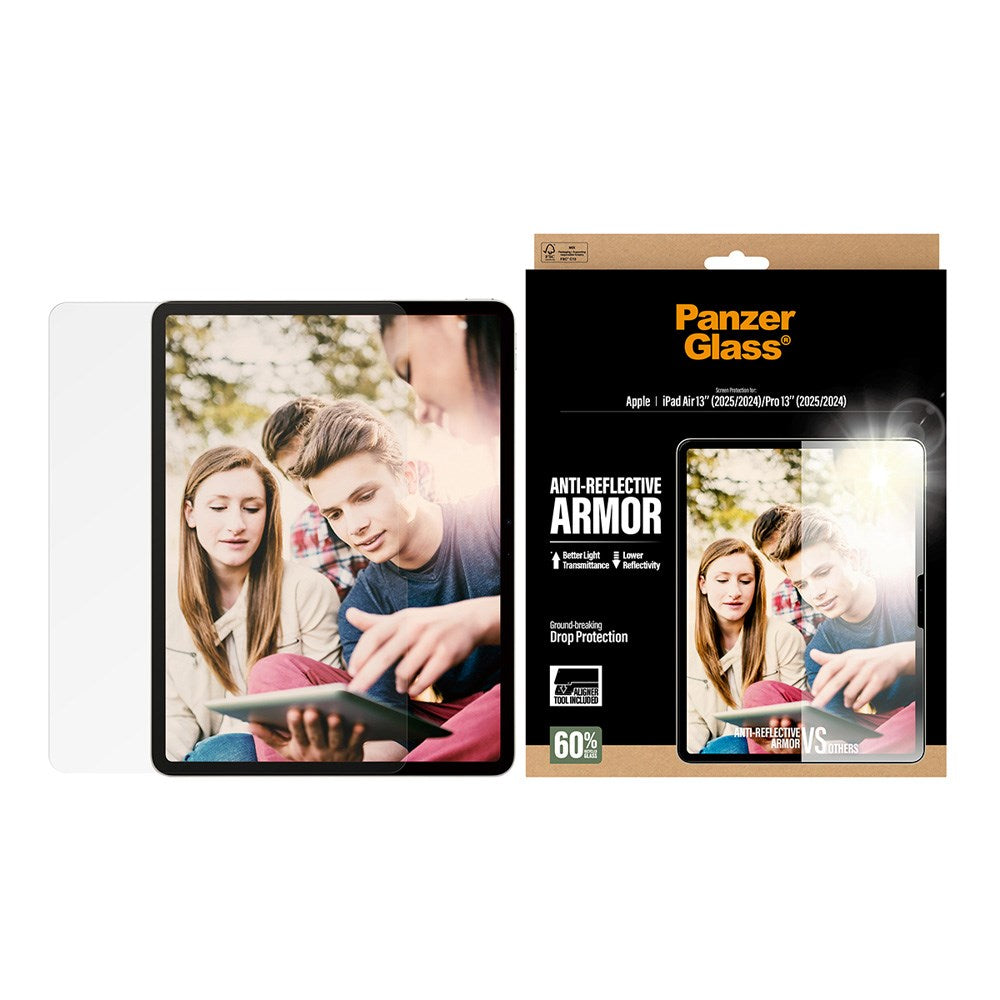 PanzerGlass iPad Air 13" (2025 / 2024) / Pro 13" (2025 / 2024) Ultra-Wide Fit Anti-Reflective Armor Skjermbeskyttelsesglass m. Installasjonsramme - Gjennomsiktig