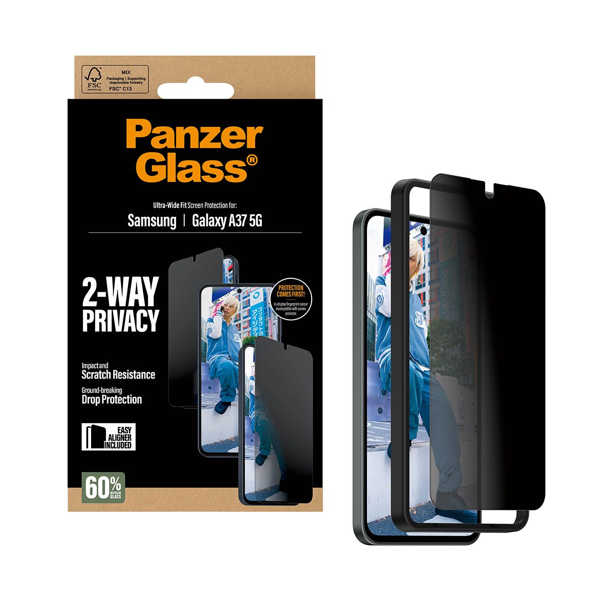 Samsung Galaxy A37 PanzerGlass 2-Way Privacy Skjermbeskyttelse med EasyAligner - Gjennomsiktig