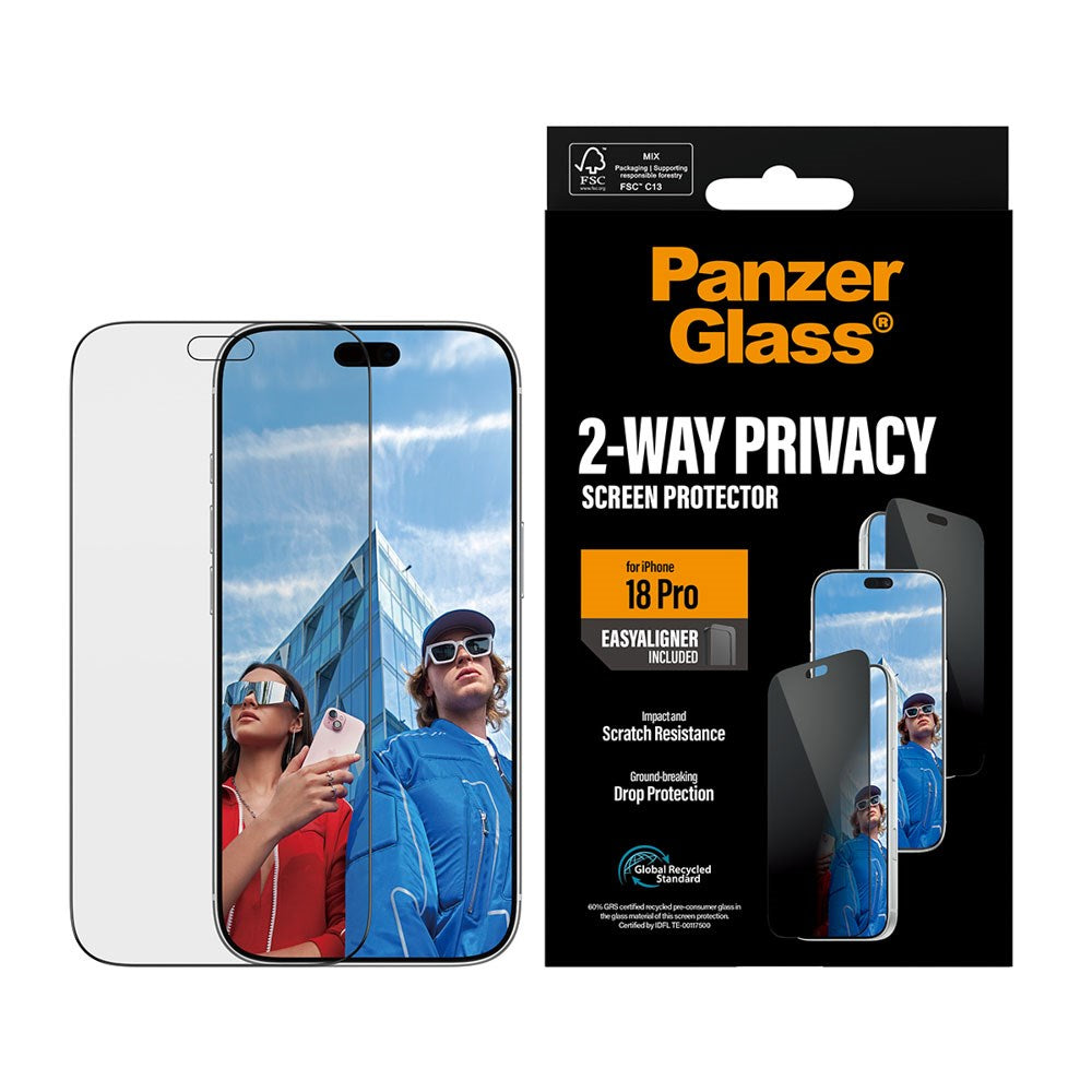 iPhone 18 Pro PanzerGlass Skjermbeskyttelsesglass - Ultra Wide Fit med EasyAligner - Privacy - Gjennomsiktig