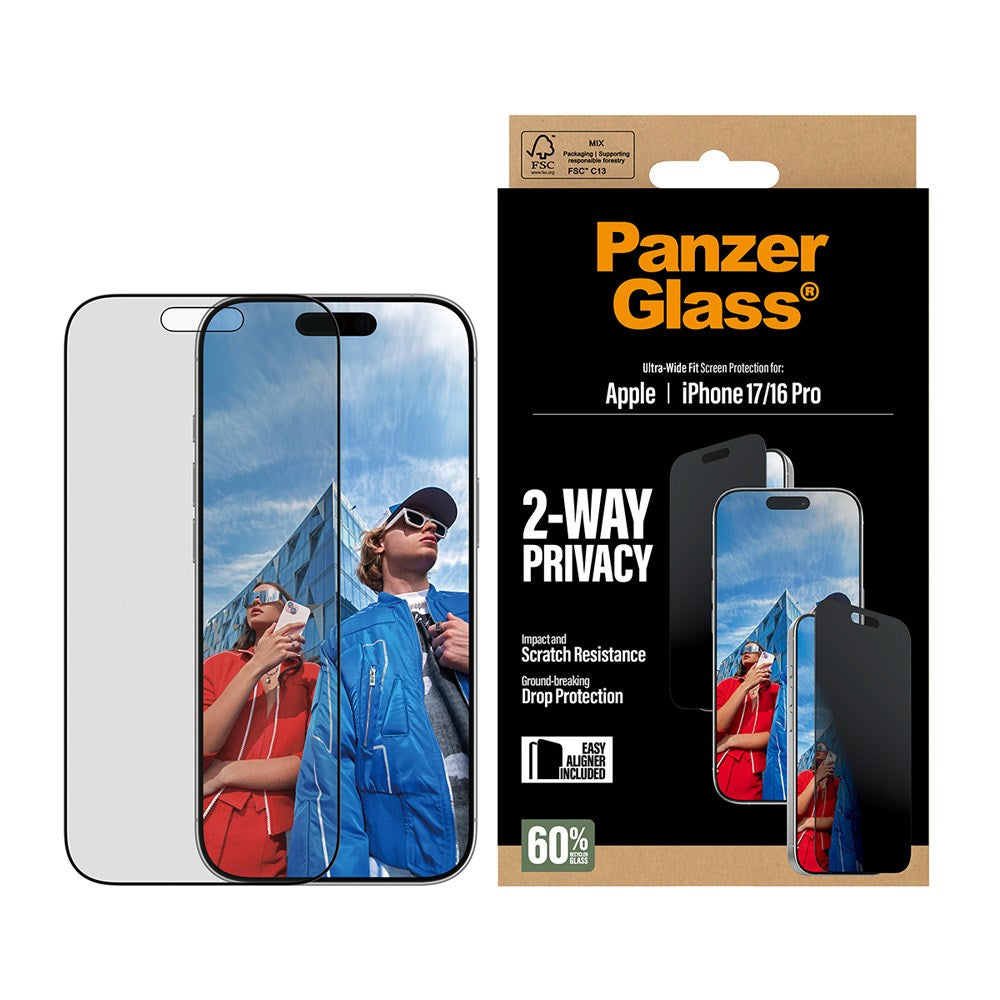 PanzerGlass iPhone 17 / 16 Pro 2-Way Privacy Skjermbeskyttelse - Ultra-Wide Fit - Gjennomsiktig