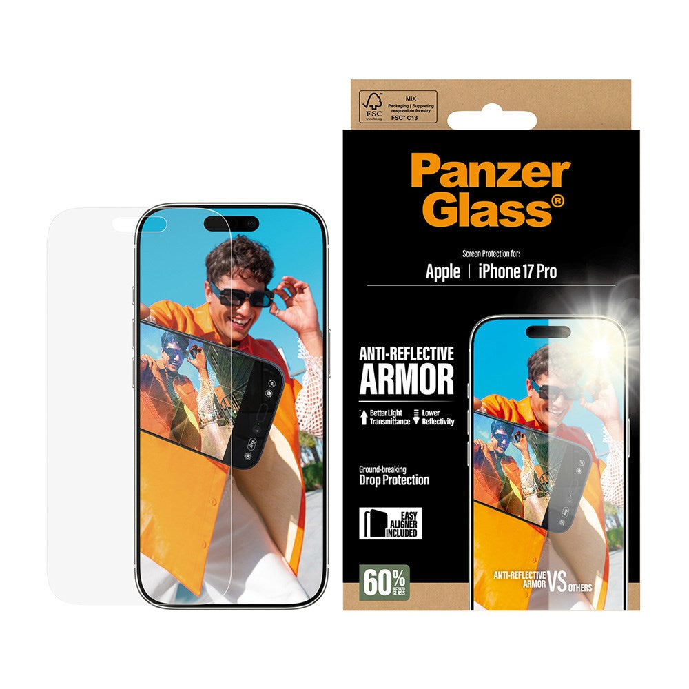 PanzerGlass iPhone 17 Pro Ultra Wide Fit Skjermbeskyttelse med EasyAligner - Anti-Reflective - Gjennomsiktig