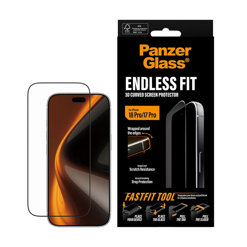 iPhone 18 Pro / 17 Pro PanzerGlass Endless Fit Skjermbeskytter med FastFit-In-A-Box - Gjennomsiktig