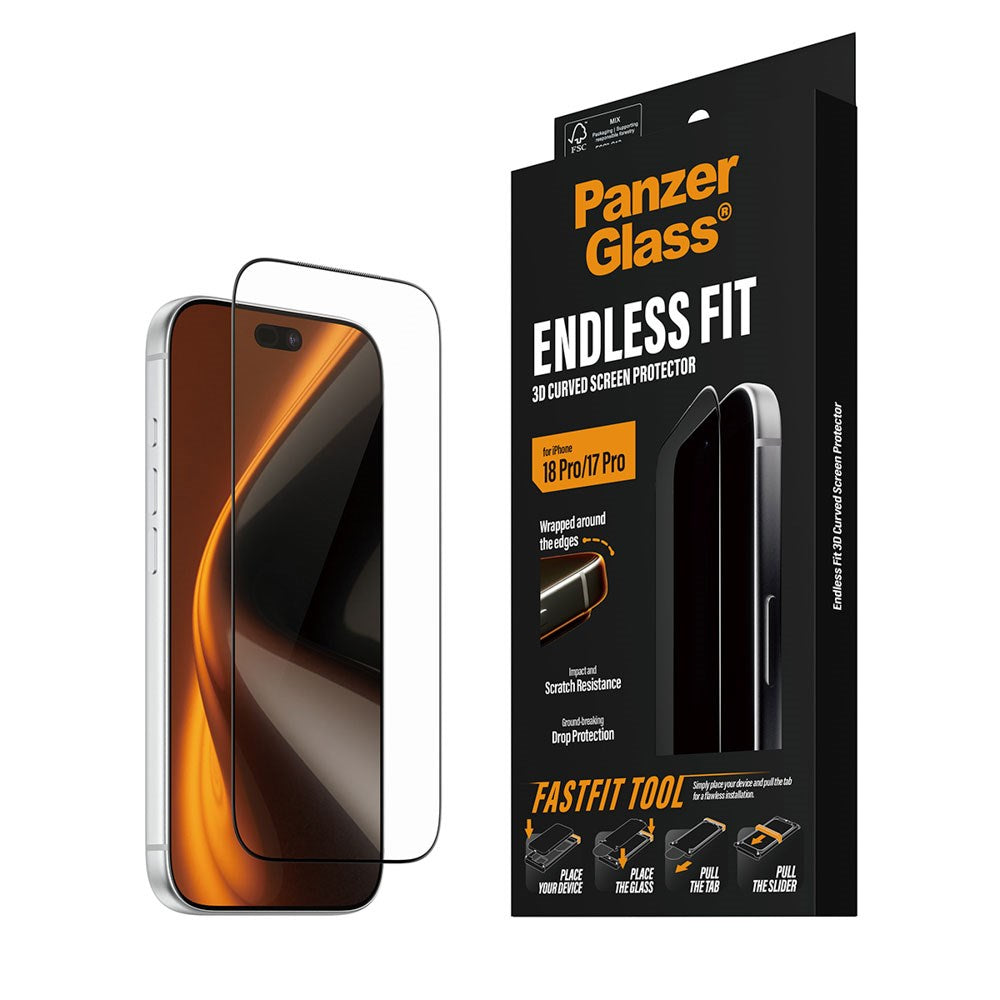 iPhone 18 Pro / 17 Pro PanzerGlass Endless Fit Skjermbeskytter med FastFit-In-A-Box - Gjennomsiktig