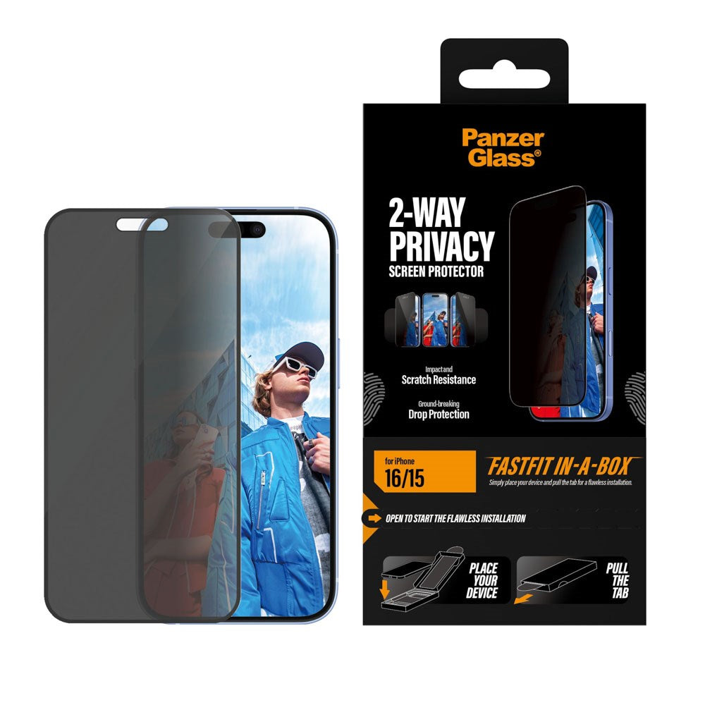 iPhone 16 / 15 PanzerGlass 2-Way Privacy Skjermbeskyttelse med FastFit In-A-Box - Gjennomsiktig