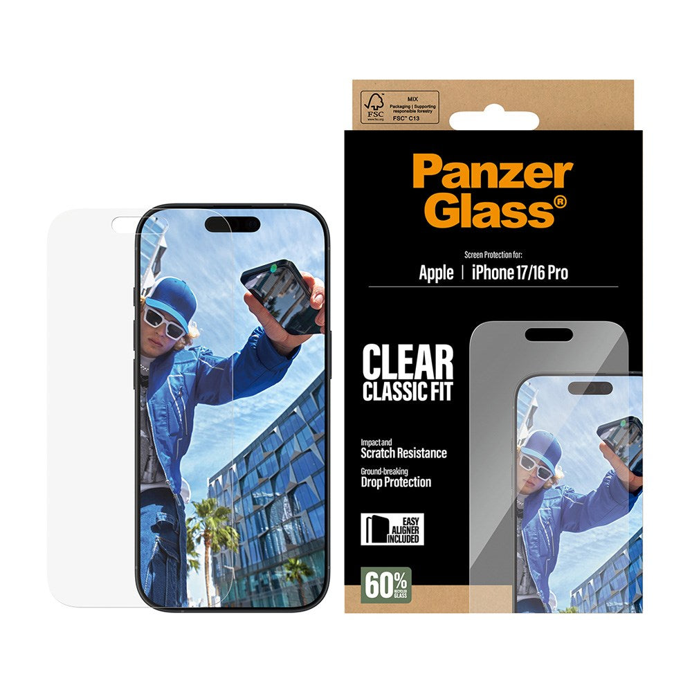 PanzerGlass iPhone 17 / 16 Pro Skjermbeskytterglass med EasyAligner - Classic Fit - Gjennomsiktig