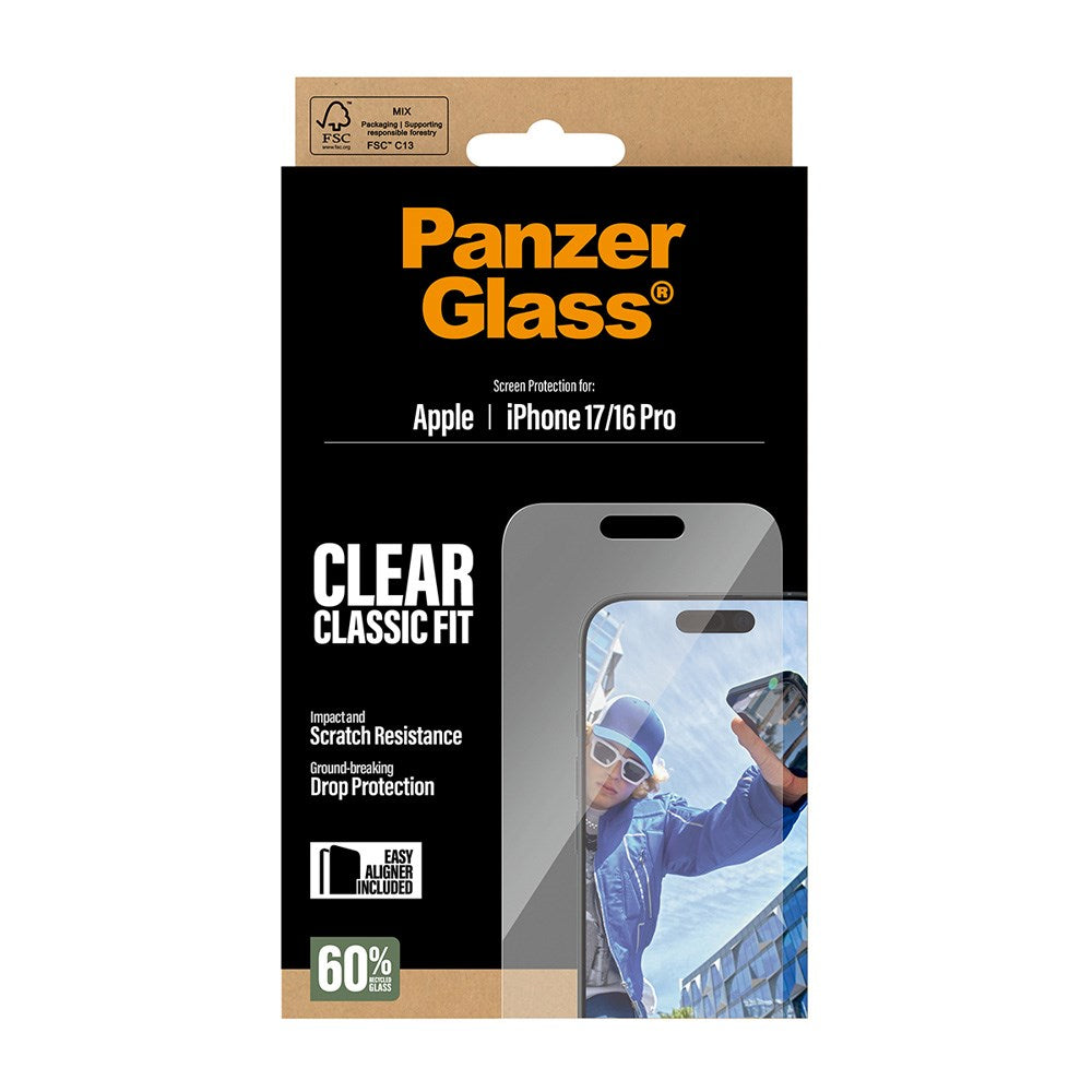 PanzerGlass iPhone 17 / 16 Pro Skjermbeskytterglass med EasyAligner - Classic Fit - Gjennomsiktig
