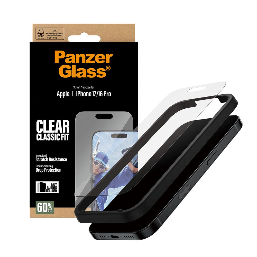 PanzerGlass iPhone 17 / 16 Pro Skjermbeskytterglass med EasyAligner - Classic Fit - Gjennomsiktig