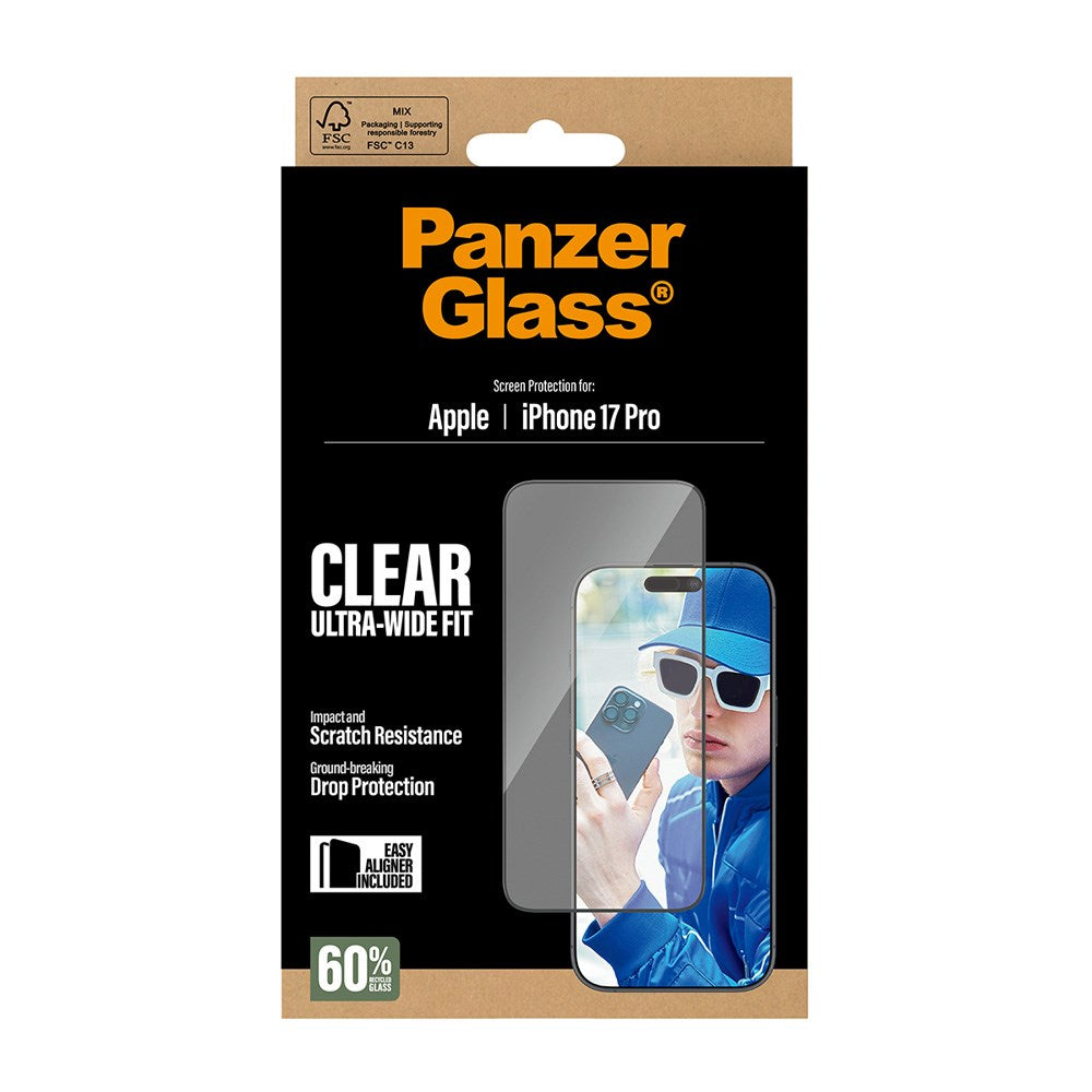 PanzerGlass iPhone 17 Pro Skjermbeskytterglass med EasyAligner - Ultra Wide Fit - Gjennomsiktig