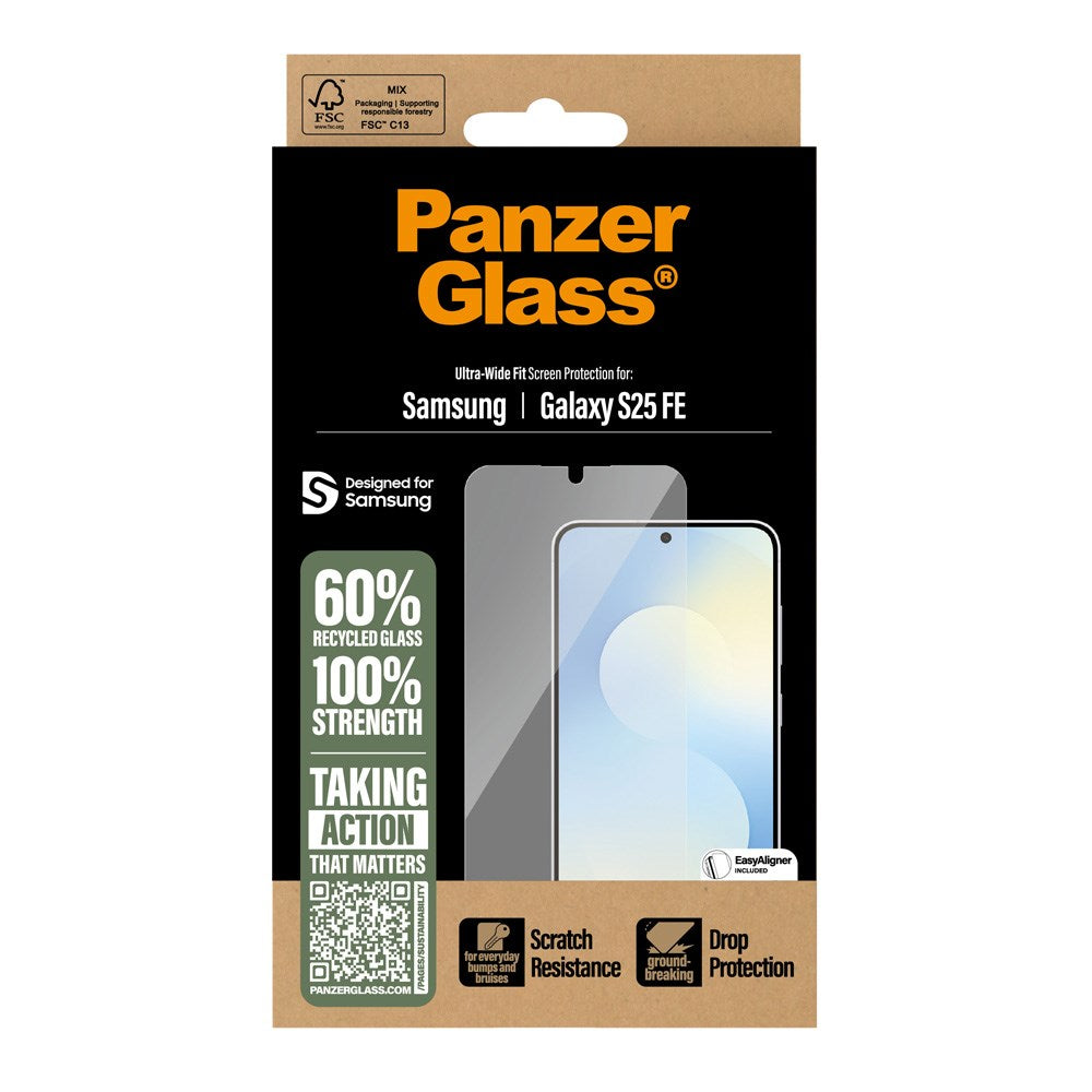 PanzerGlass Samsung Galaxy S25 FE Skjermbeskyttelsesglass m. EasyAligner - Ultra Wide Fit - Gjennomsiktig