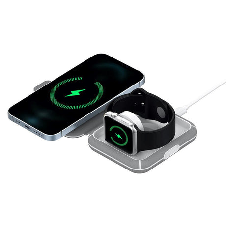 Puro Bærbar 2-i-1 Trådløs Lader for Apple Watch - USB-C - MagSafe Kompatibel - Grå / Hvit