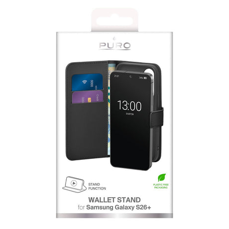 Samsung Galaxy S26+ (Plus) PURO Eco-Leather Flip Deksel m. Kortholder & Stativfunksjon - Svart