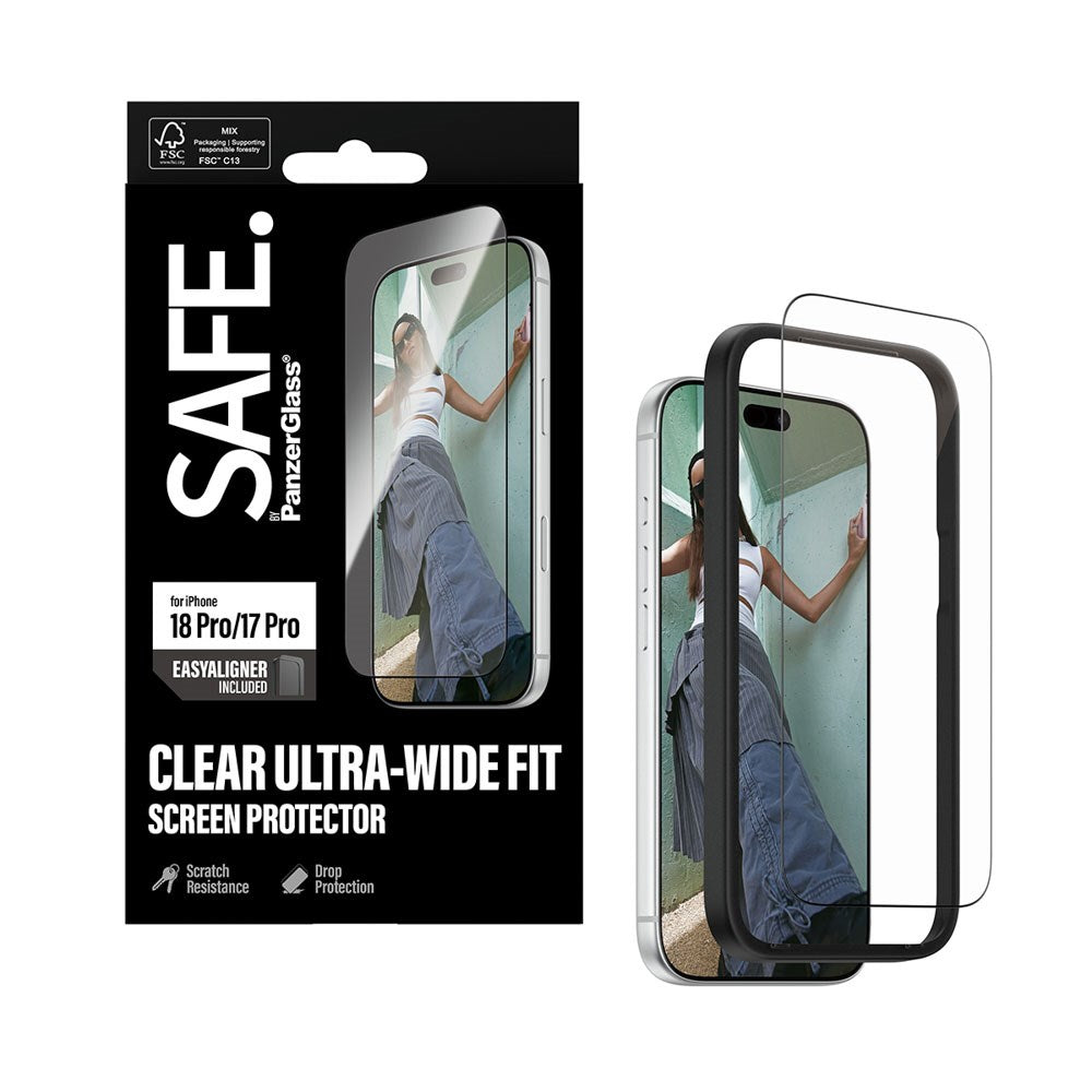 iPhone 18 Pro / 17 Pro SAFE by PanzerGlass Ultra-Wide Fit Skjermbeskyttelsesglass med EasyAligner - Gjennomsiktig