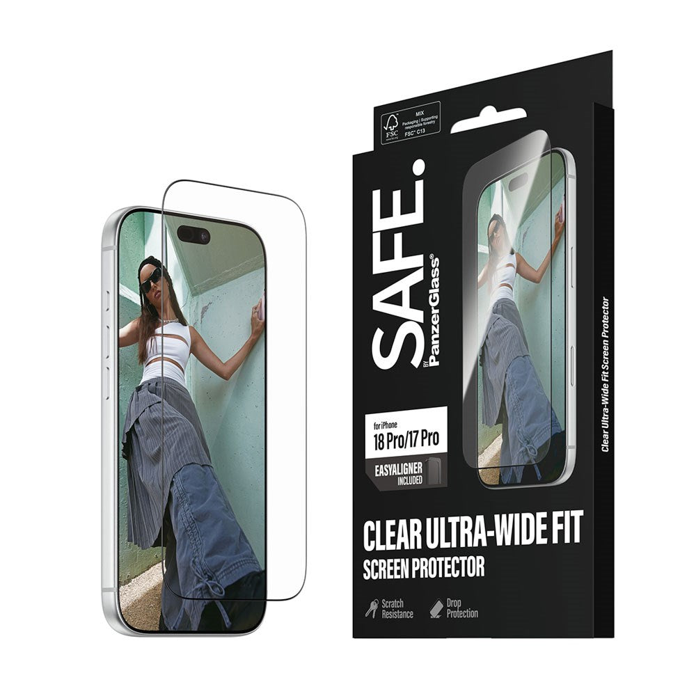 iPhone 18 Pro / 17 Pro SAFE by PanzerGlass Ultra-Wide Fit Skjermbeskyttelsesglass med EasyAligner - Gjennomsiktig