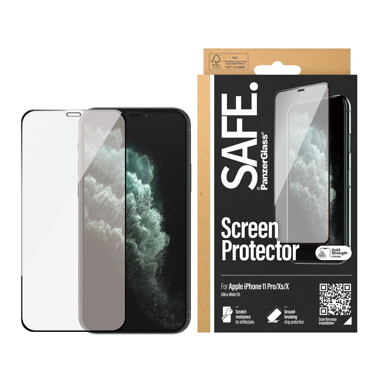 SAFE by PanzerGlass Edge-to-Edge Fit Skjermbeskyttelse - iPhone X/XS/11 Pro - Gjennomsiktig/Svart Kant