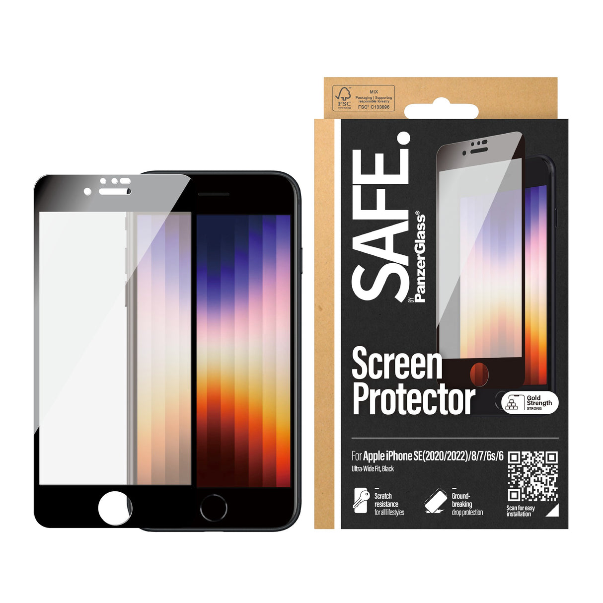 SAFE by PanzerGlass Edge-to-Edge Fit Skjermbeskyttelse - iPhone 8/7/6/6s/SE - Gjennomsiktig/Svart Kant