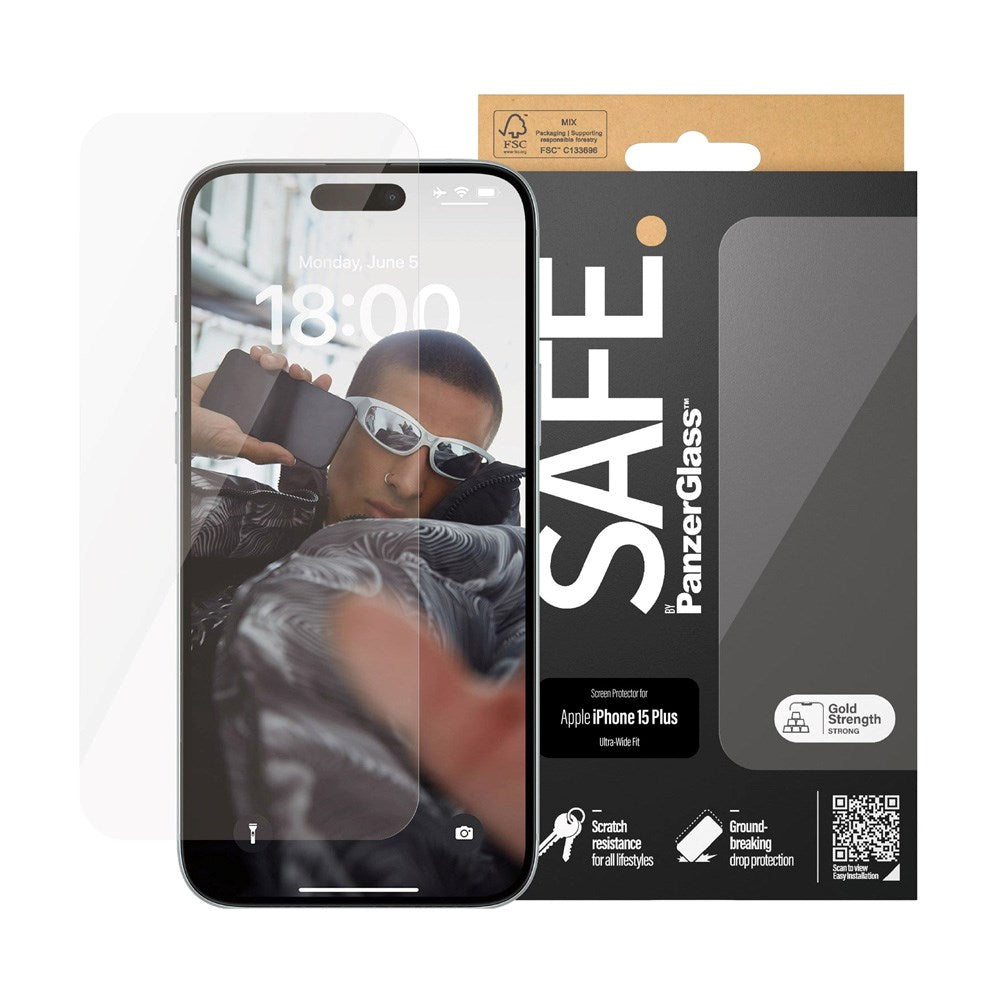 SAFE by PanzerGlass Ultra-Wide Fit Herdet Skjermbeskyttelsesglass - iPhone 15 Plus - Gjennomsiktig