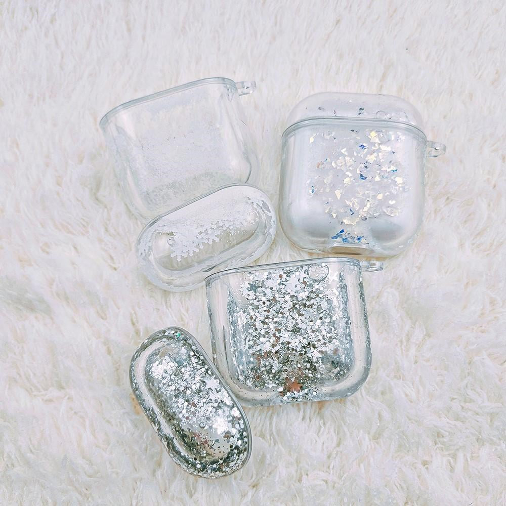 AirPods (1 & 2. gen.) Plastik Deksel - Gjennomsiktig m. Sølv Glitter Vannfall