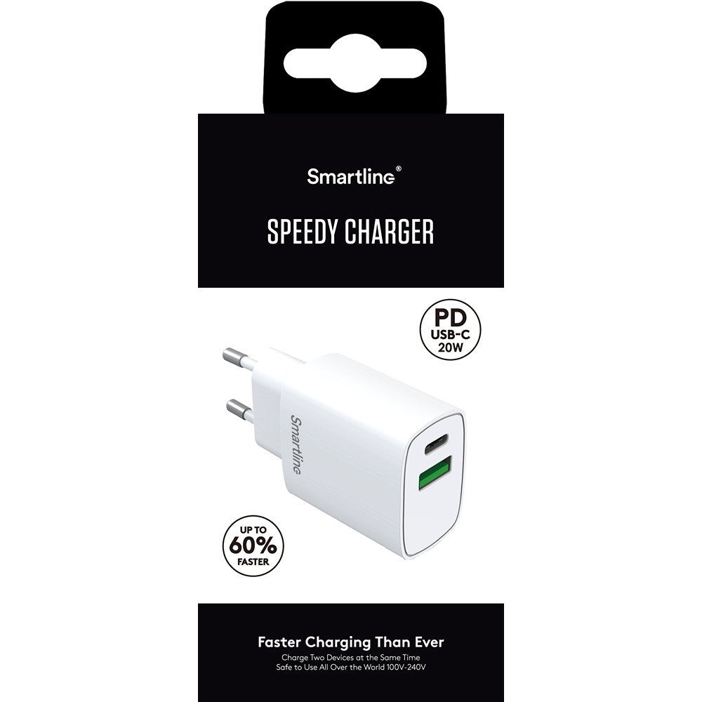 Smartline PD 20W Vegglader m. 1 x USB-A & 1 x USB-C - Hvit