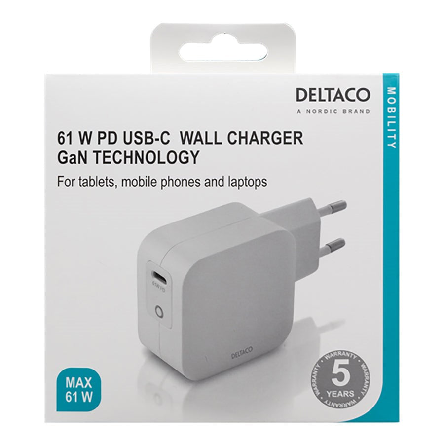 Deltaco PD 61W Vegglader m. USB-C - Hvit