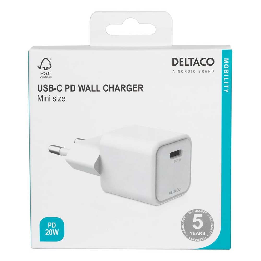 Deltaco Mini Vegglader m. USB-C PD 20W - Hvit