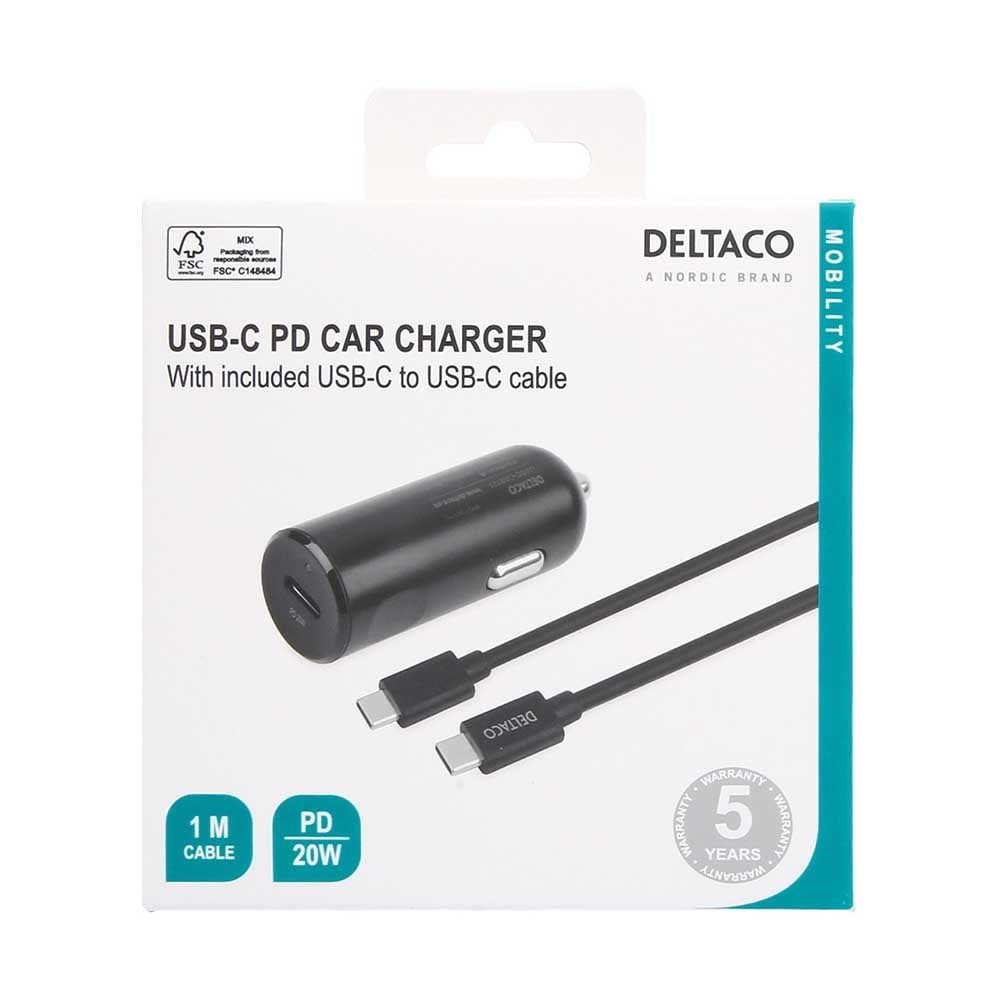 Deltaco Billader PD (Power Delivery) 20W inkl. USB-C-kabel - Svart