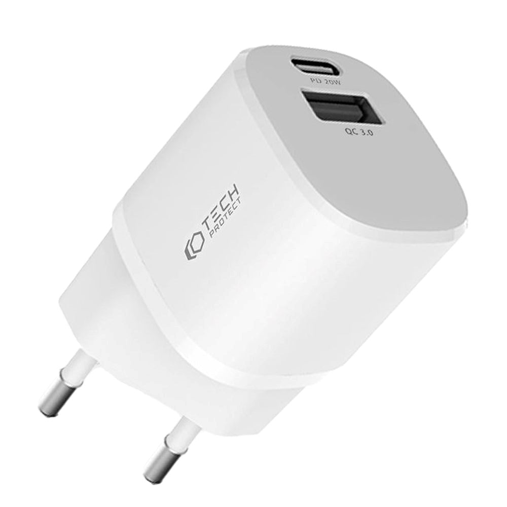 Tech-Protect Network 20W Vegglader med 1 x USB-A QC og 1 x USB-C PD - Hvit