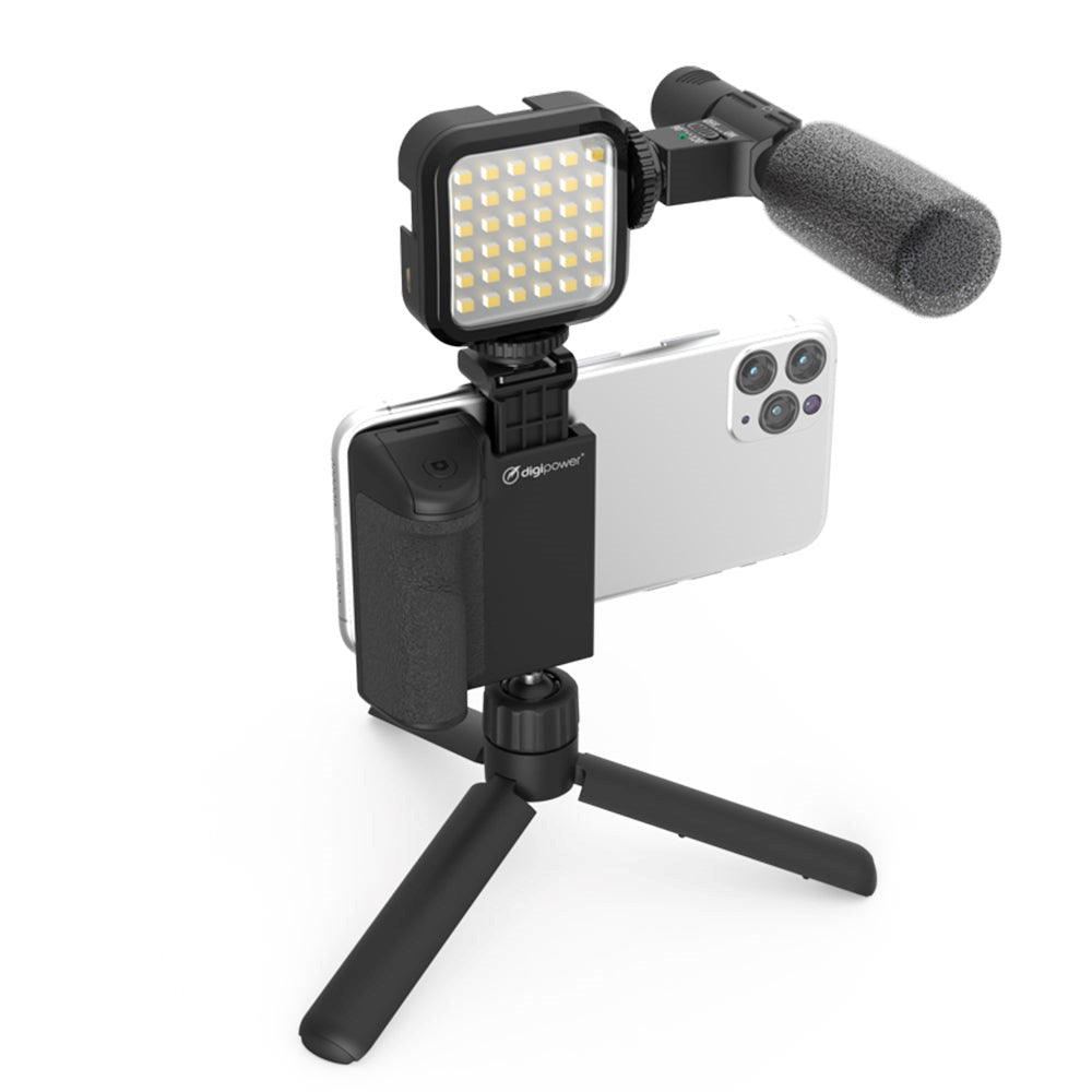 Digipower Follow Me Vlogging Kit m. Stativ for Smartphone m. Fjernkontroll & Mikrofon - Svart