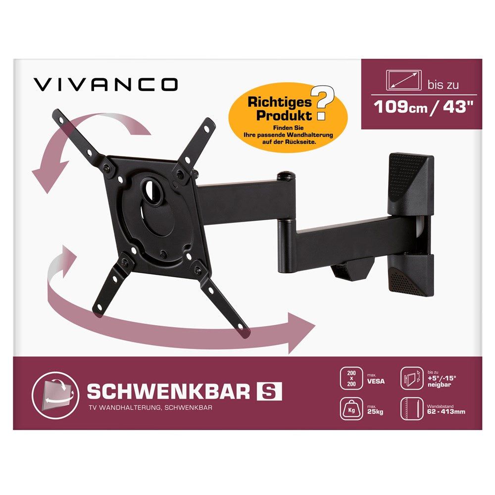 Vivanco TV-Veggfeste med Uttrekkbar Plate - 25 kg / 43" - Svart