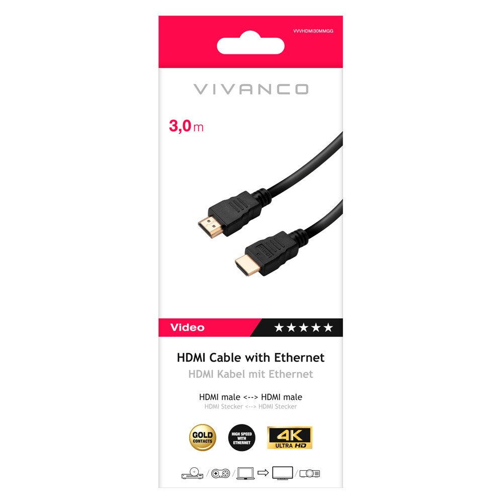 Vivanco HDMI 2.0-Kabel (Hann til Hann) 4K / 60Hz - 3m - Svart