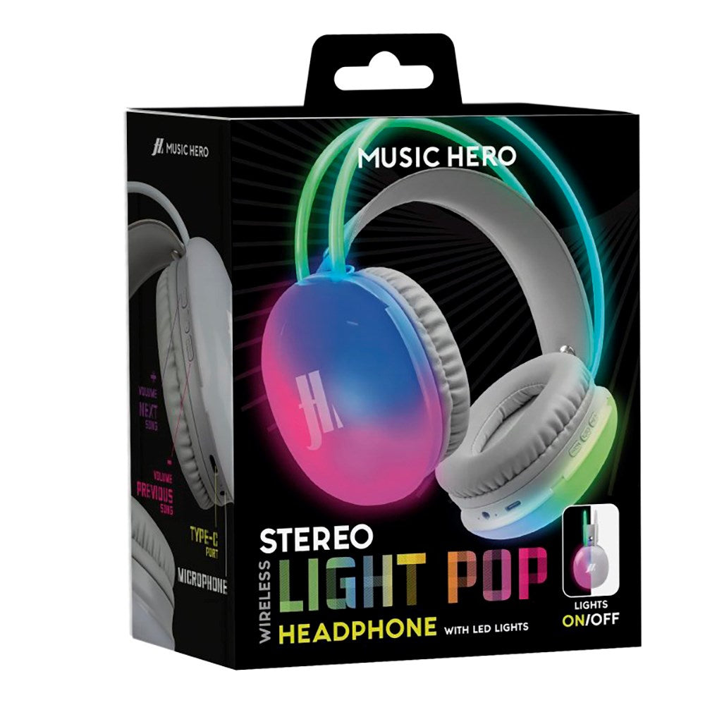 MUSIC HERO Light Pop Trådløse Bluetooth On-Ear Hodetelefoner med LED Lys - Grå